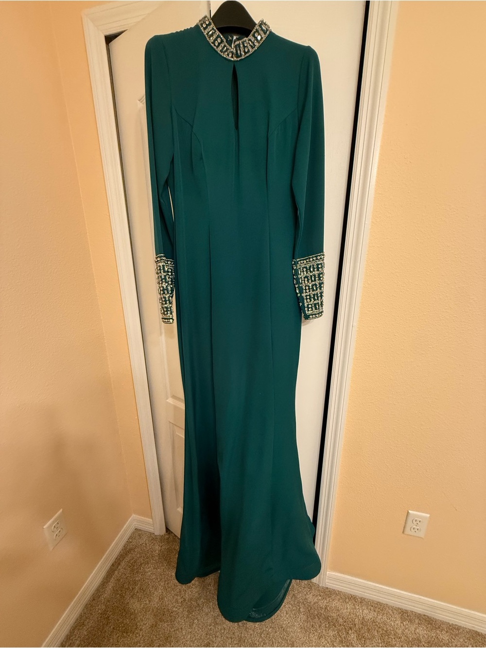 Teal Long-Sleeve Beaded Collar & Cuff Evening Dress